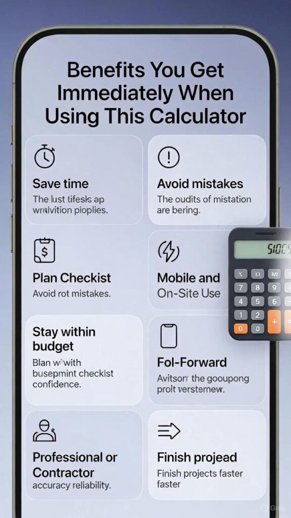 Infographic showing immediate benefits of using the paving calculator: saves time, avoids mistakes, ensures budget accuracy.